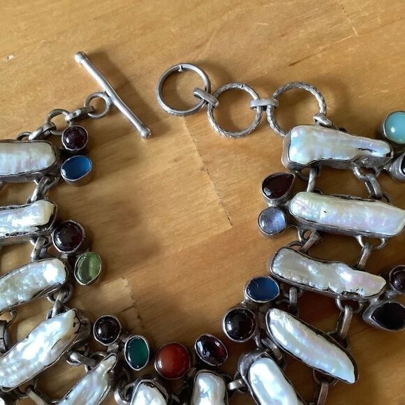 Sterling SILVER 925 MOTHER OF PEARL/MULTICOLOR GEMSTONE GORGEOUS BRACELE… - Picture 5 of 8